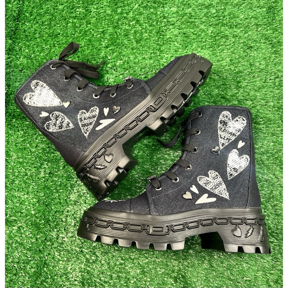 Karl Lagerfeld 5 Lampirini Ikonic Lace Up Combat Boots Denim Embroidery NWOB - Picture 2 of 9